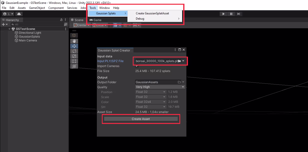Unity Gaussian Splats Tools menu